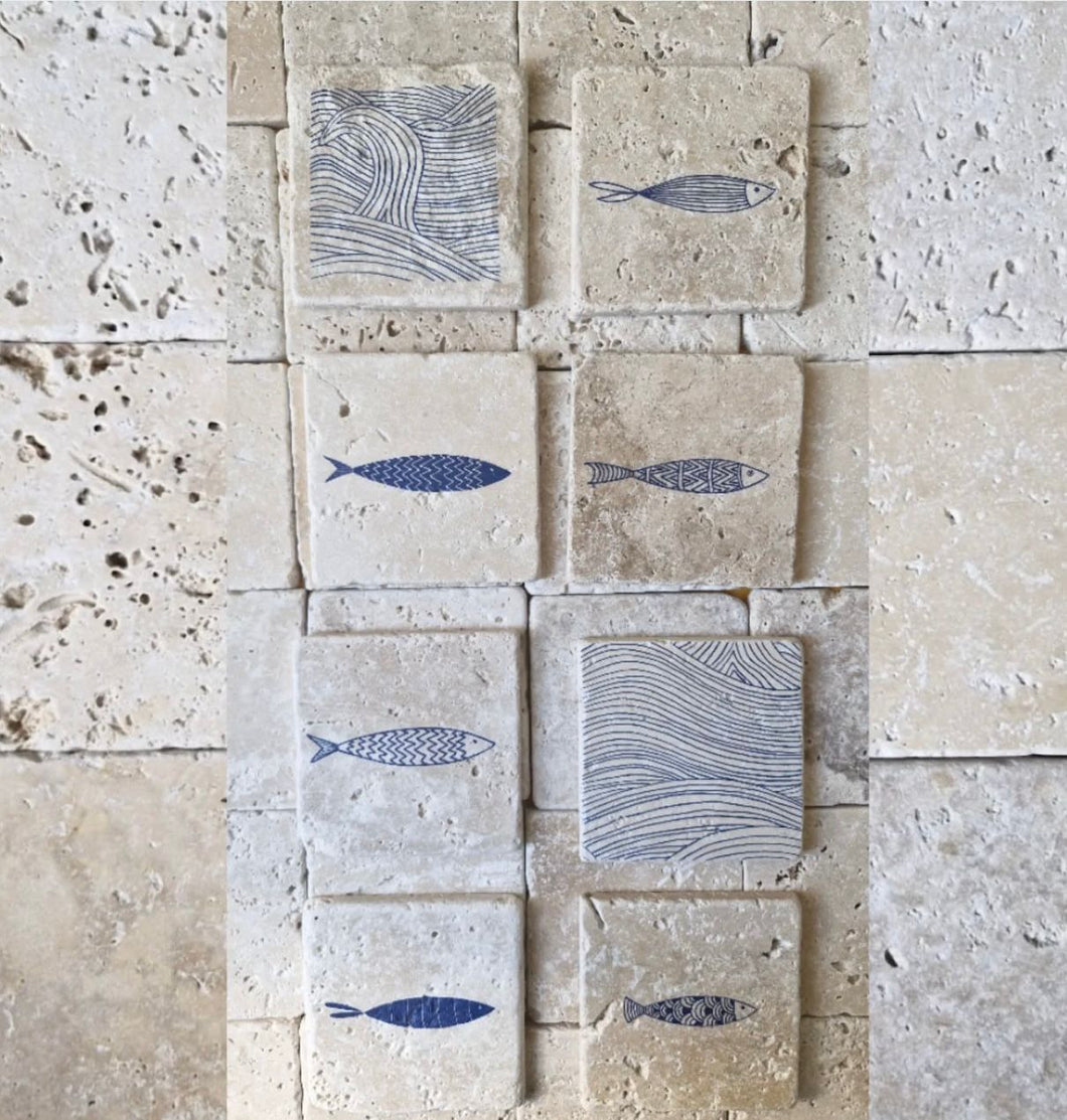 Adorno Em Pedra Natural Travertino Anticato Cardume - Kit