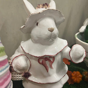 Coelha Em Cerâmica Com Cesta de Rosas Vazada, Chapéu E Laço Cor De Rosa - Unidade
