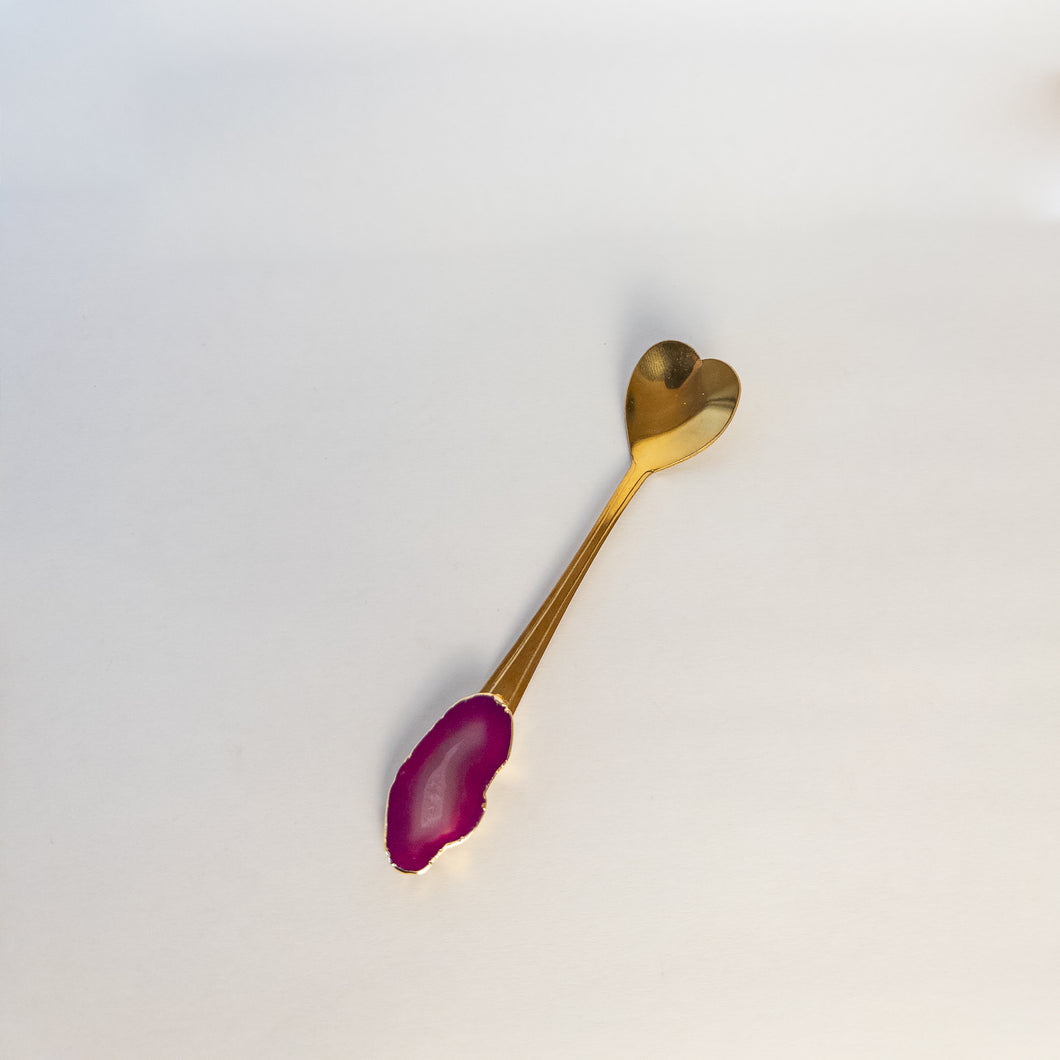 Colher Coração Dourado E Ágata Cor De Rosa Pink Imagine Gemas-Un