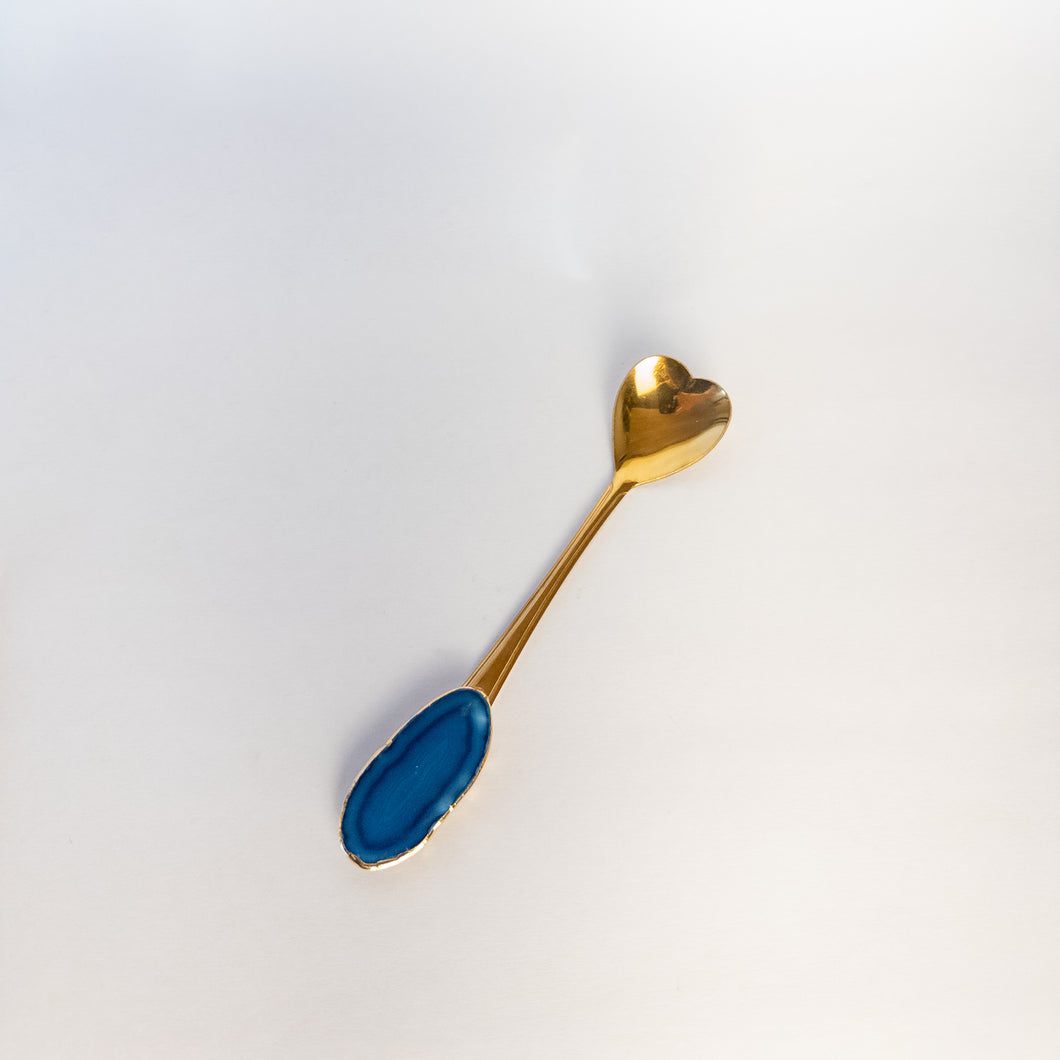Colher Coração Dourado E Ágata Azul Imagine Gemas-Un
