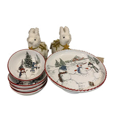 Carregar imagem no visualizador da galeria, Boleira E Bowls Em Cerâmica Boneco De Neve Luiz Salvador - Kit
