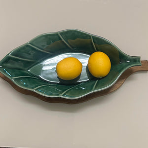 Tábua Em Madeira E Bowl Em Porcelana Coleção Folha Verde - Unidade
