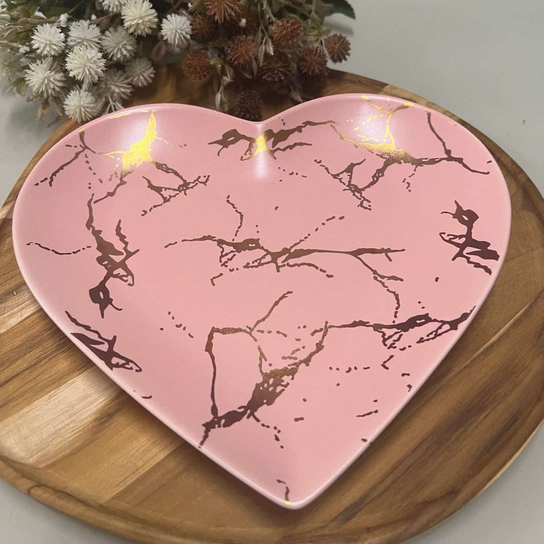 Prato Em Cerâmica Coleção Coração Rosa Marmorizado M - Unidade